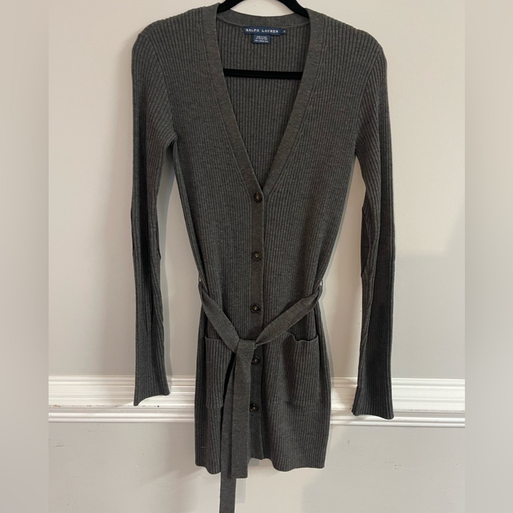 100% Merino Wool Grey Belted Cardigan Ralph Lauren